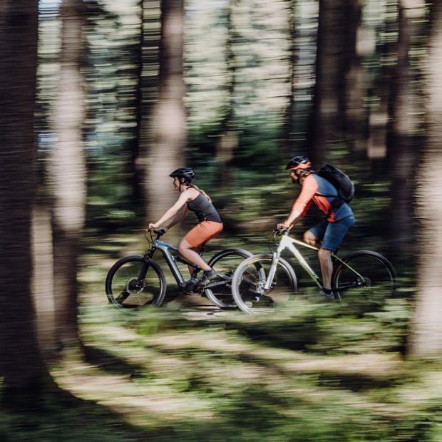 Zwei Radfahrer unterwegs beim Bikeurlaub im Allgäu durch den Wald.