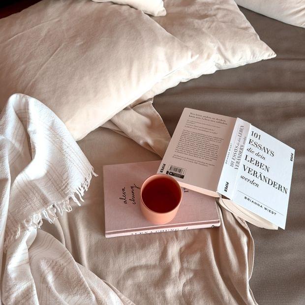 Gemütliche Liege mit beigen Kissen und Decke, darauf ein geöffnetes Buch, ein rosa Buch und eine Tasse.