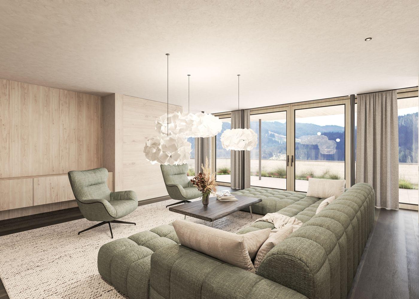 Helles Penthouse-Wohnzimmer mit grünem Sofa, Sesseln, Couchtisch und Blick auf die Berge.