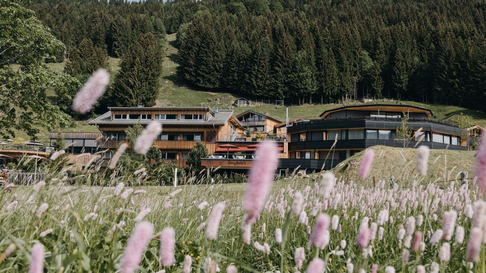 Außenansicht des Hotels inmitten einer Berglandschaft und rose Blumen im Vordergrund