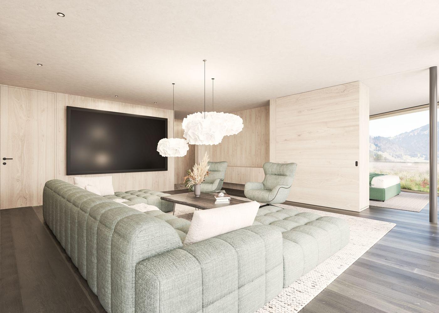 Modernes Penthouse-Wohnzimmer mit großem Sofa, Sesseln, Hängelampen und Flachbildschirm, daneben Bergblick.