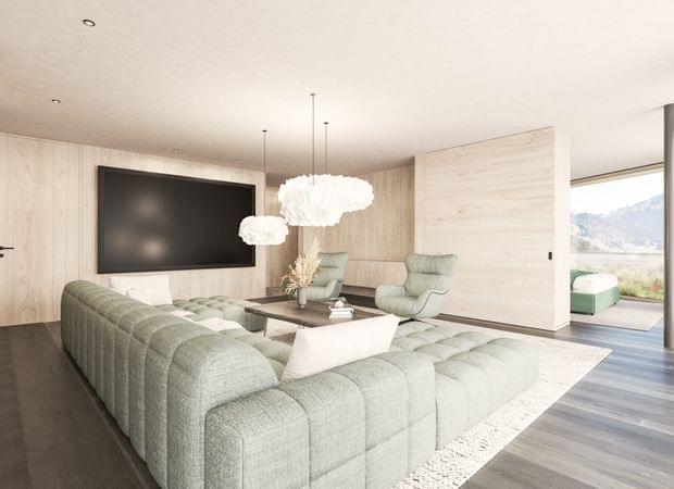 Modernes Penthouse-Wohnzimmer mit großem Sofa, Sesseln, Hängelampen und Flachbildschirm, daneben Bergblick.